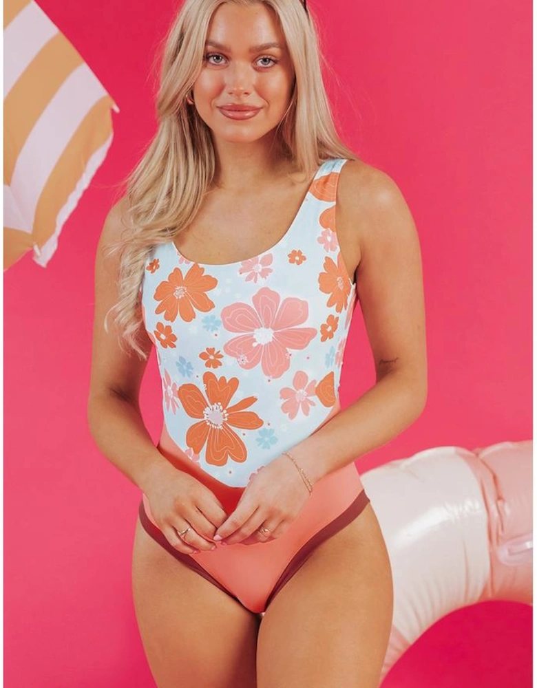 Orange Floral Patchwork Backless One Piece Swimsuit