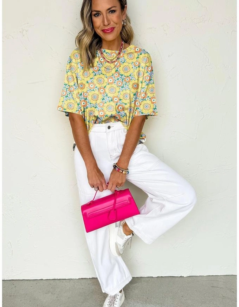 Yellow Summer Flower Printed Drop Shoulder Loose T Shirt