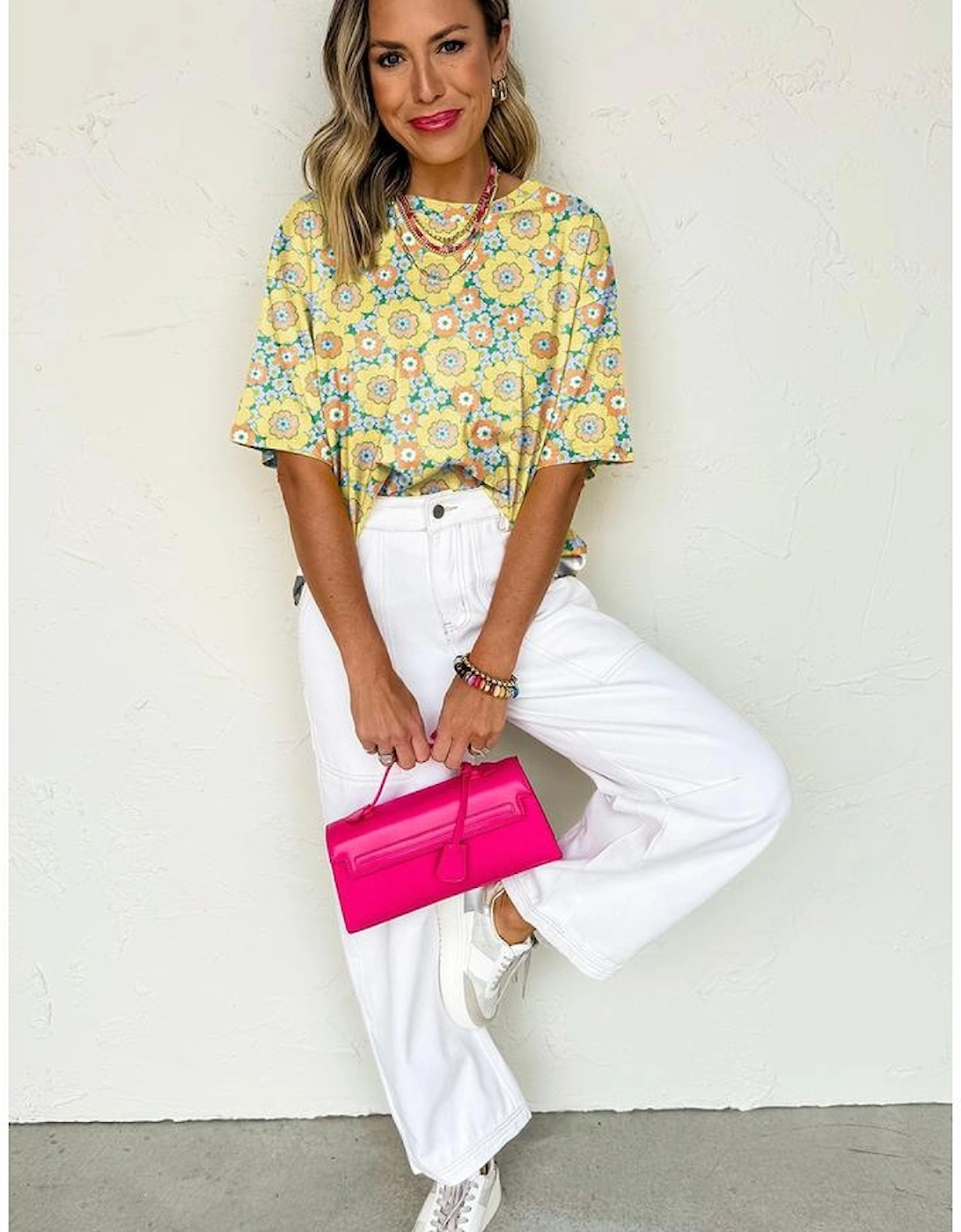 Yellow Summer Flower Printed Drop Shoulder Loose T Shirt