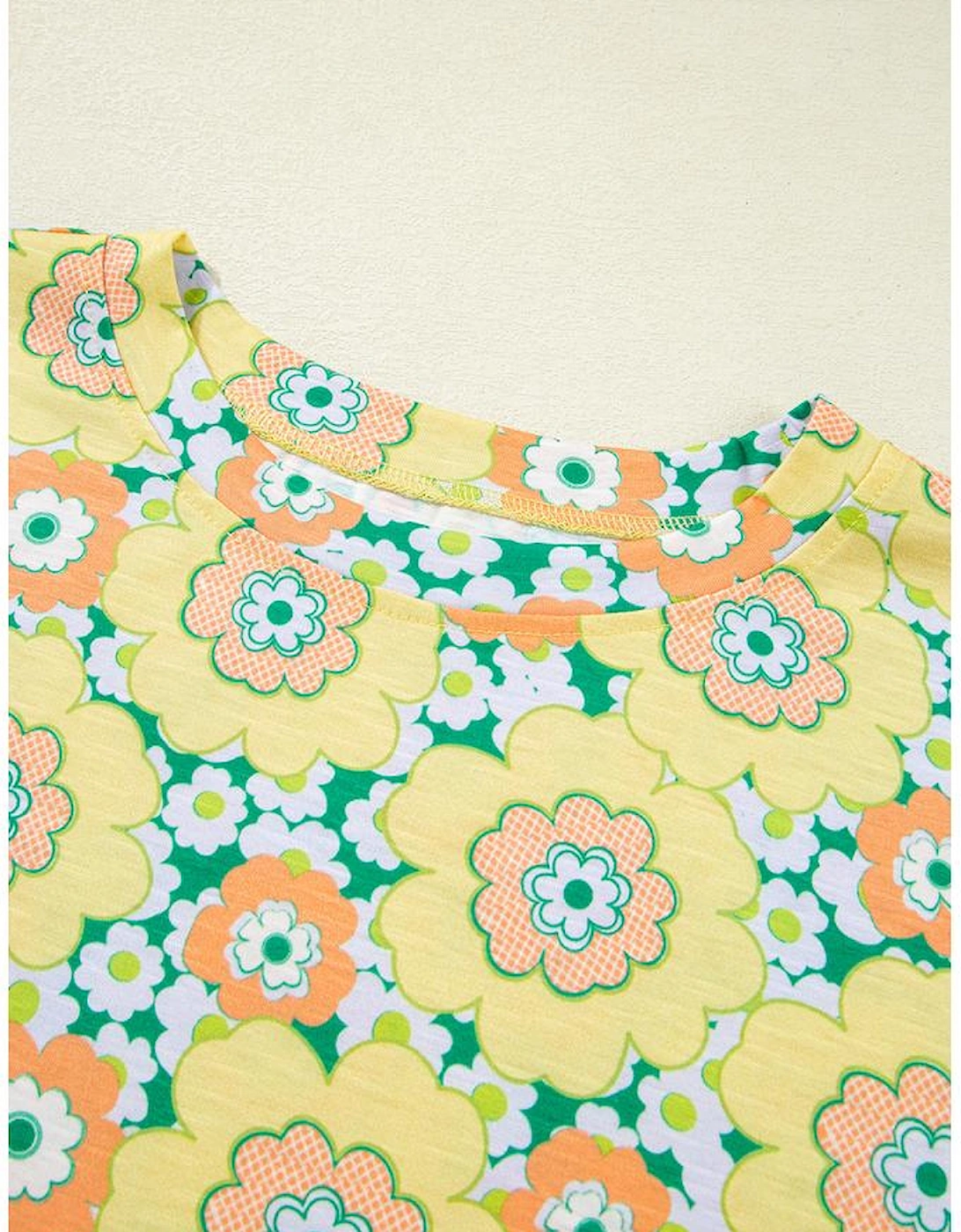 Yellow Summer Flower Printed Drop Shoulder Loose T Shirt