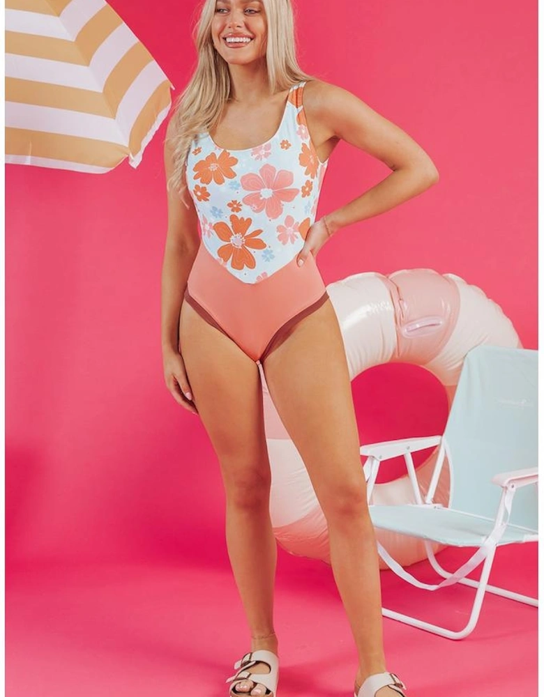 Orange Floral Patchwork Backless One Piece Swimsuit