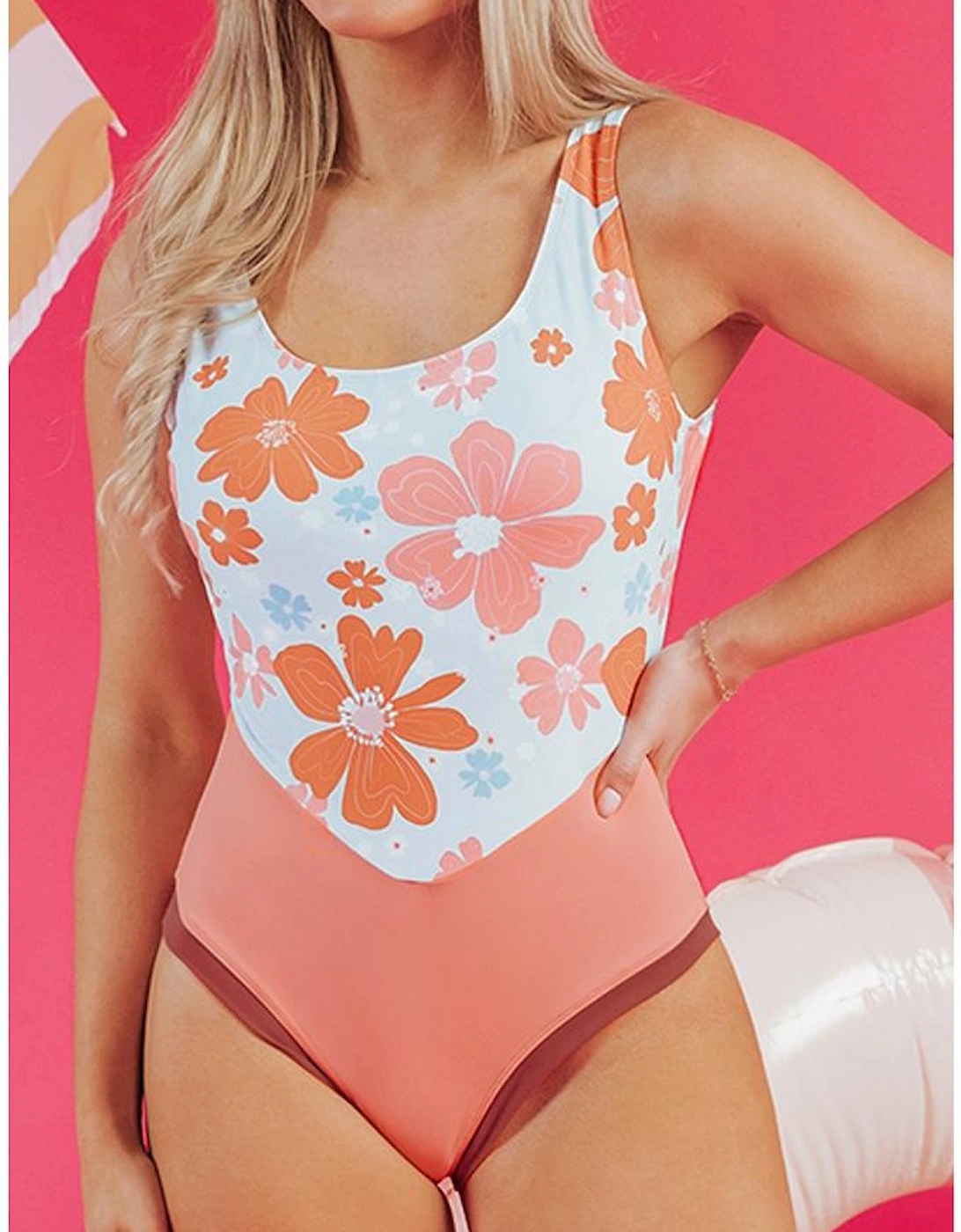 Orange Floral Patchwork Backless One Piece Swimsuit