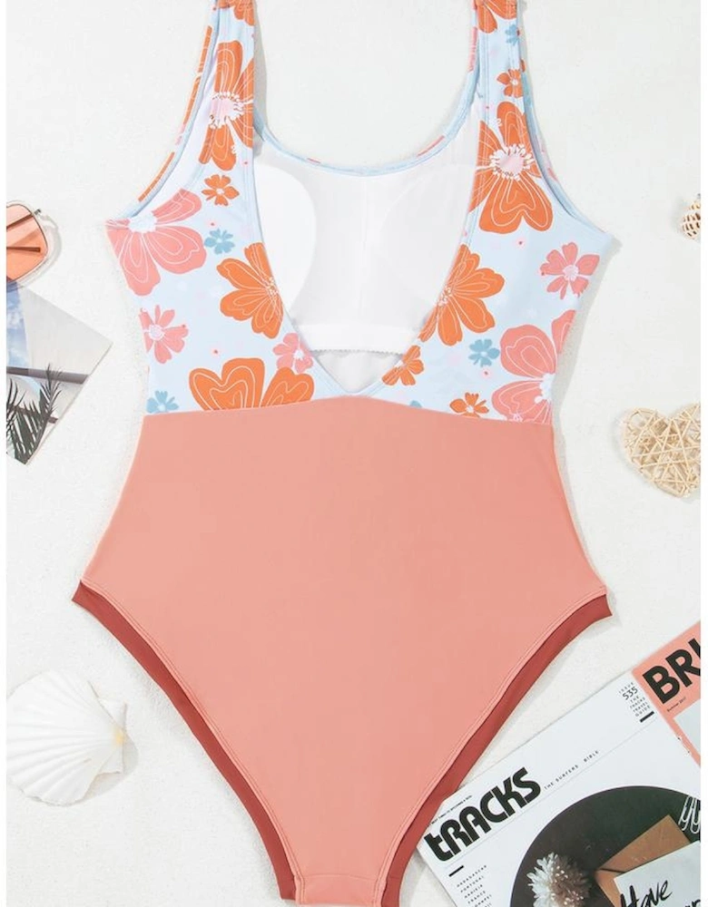 Orange Floral Patchwork Backless One Piece Swimsuit