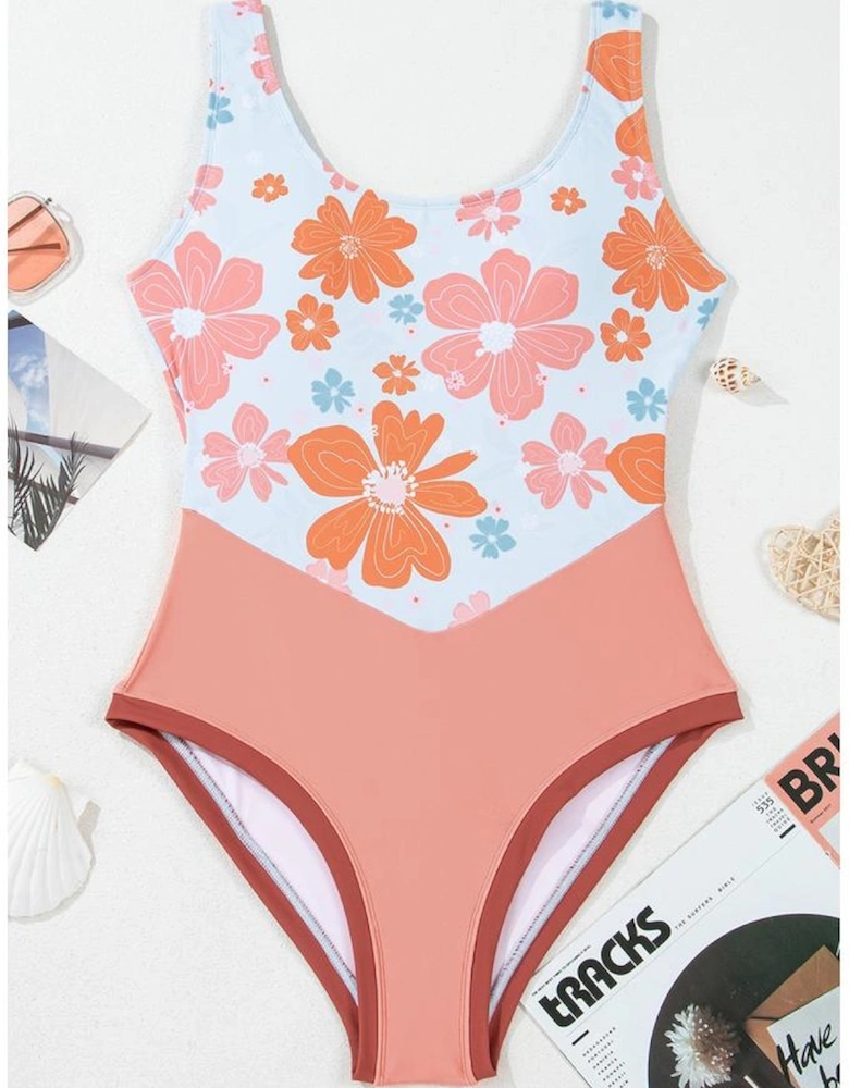 Orange Floral Patchwork Backless One Piece Swimsuit