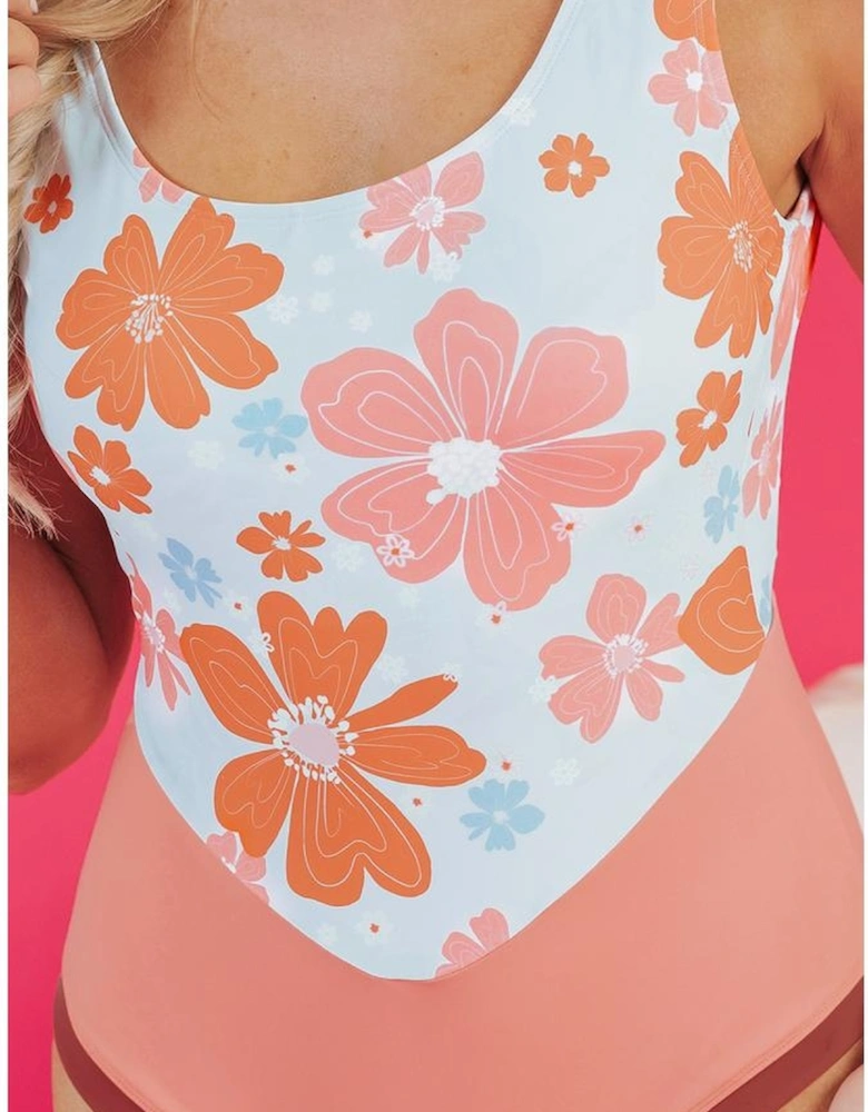 Orange Floral Patchwork Backless One Piece Swimsuit