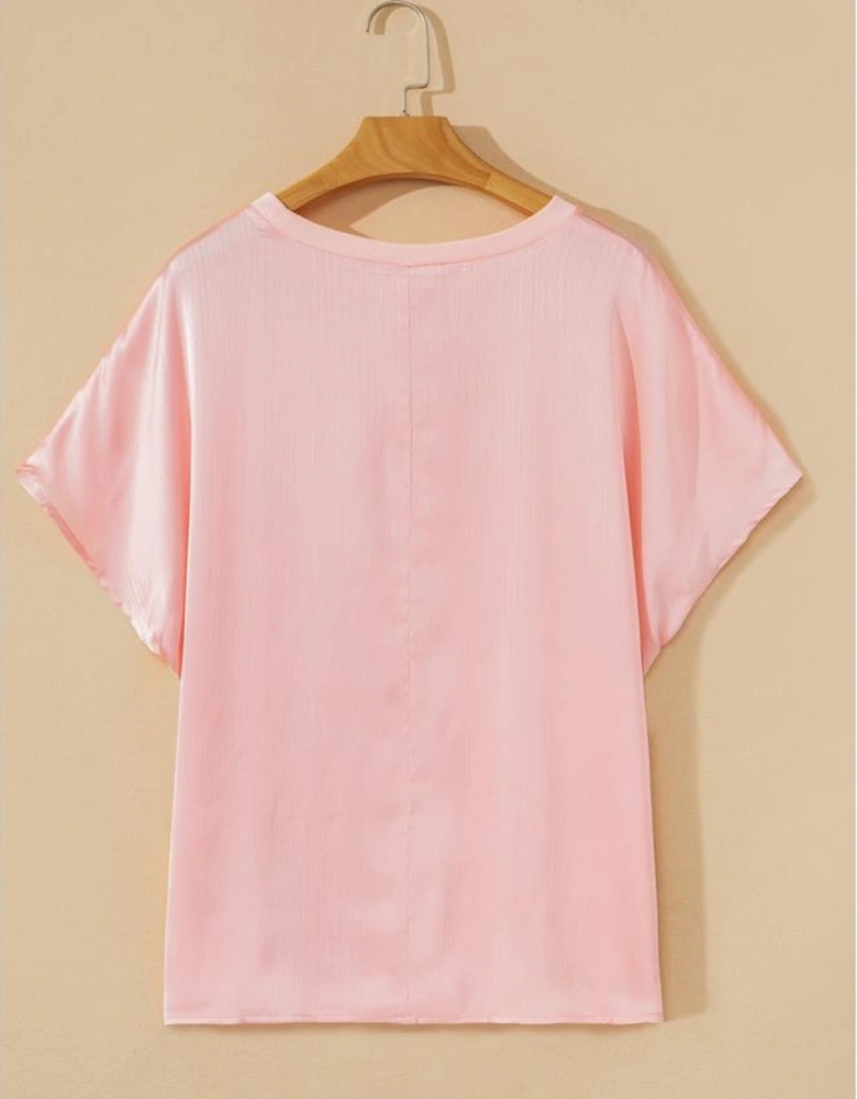 Pink Metallic Gloss Short Batwing Sleeve Plus Size Top