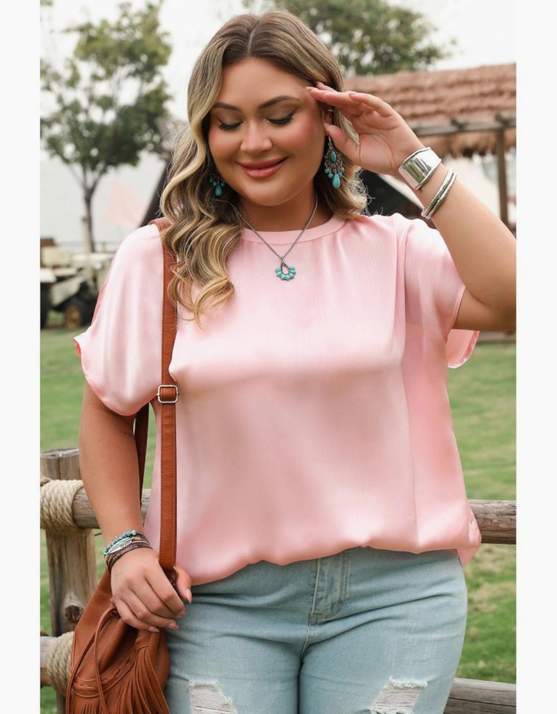 Pink Metallic Gloss Short Batwing Sleeve Plus Size Top