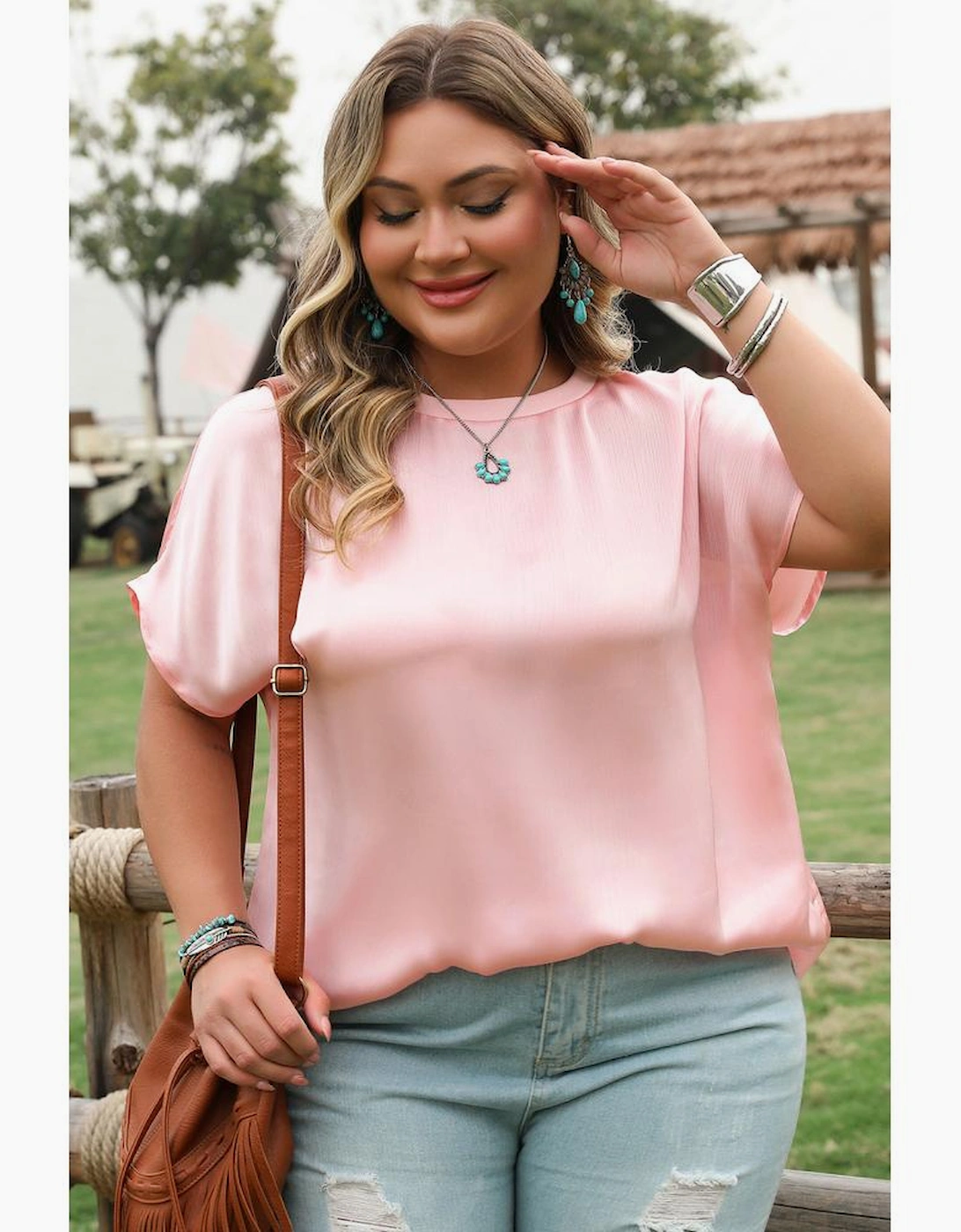 Pink Metallic Gloss Short Batwing Sleeve Plus Size Top