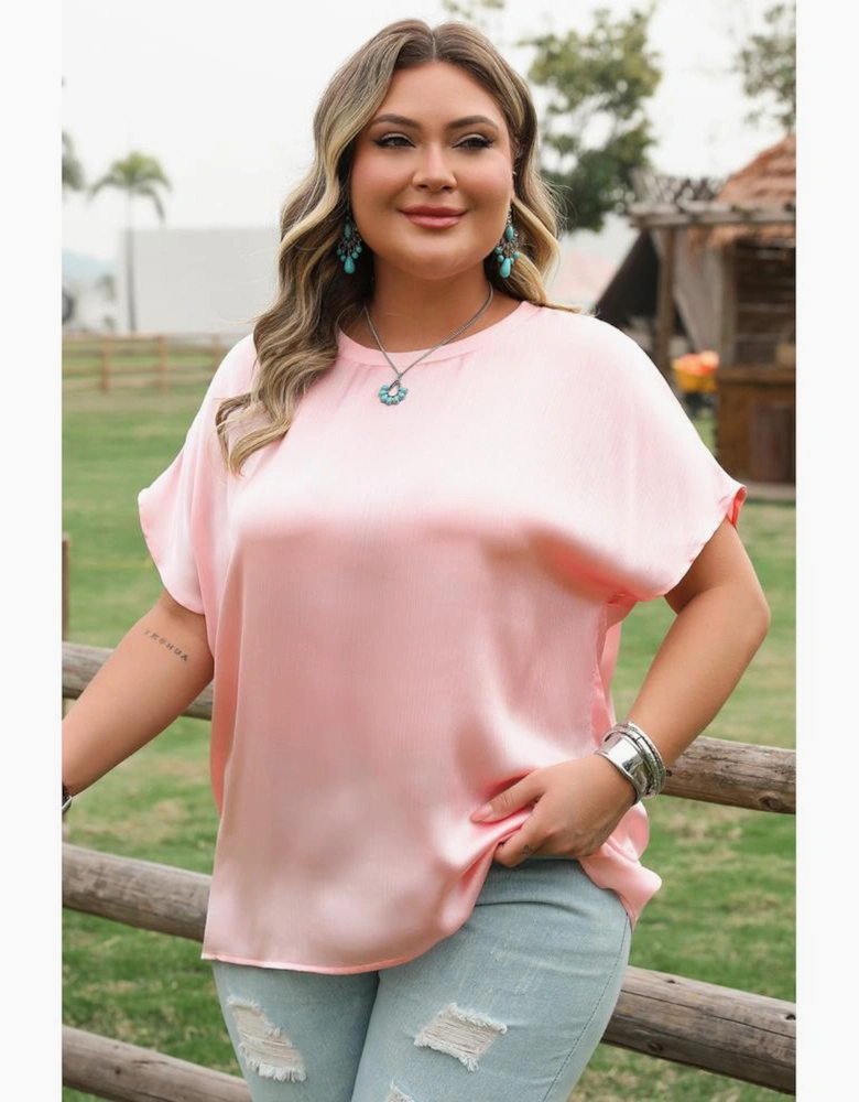 Pink Metallic Gloss Short Batwing Sleeve Plus Size Top