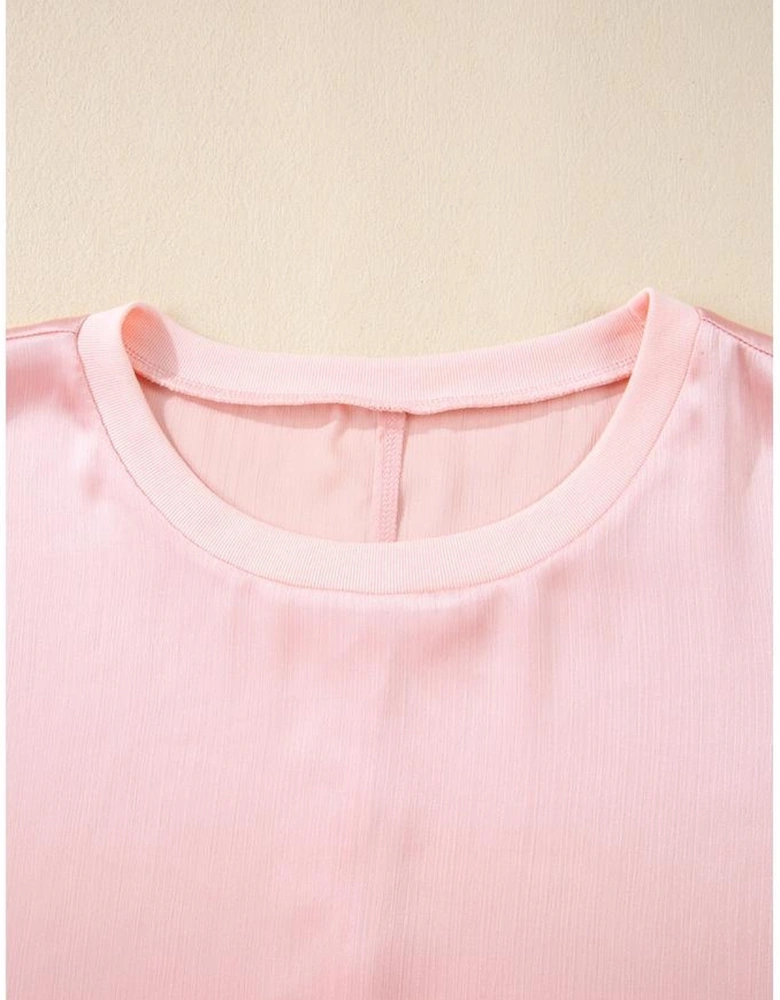 Pink Metallic Gloss Short Batwing Sleeve Plus Size Top