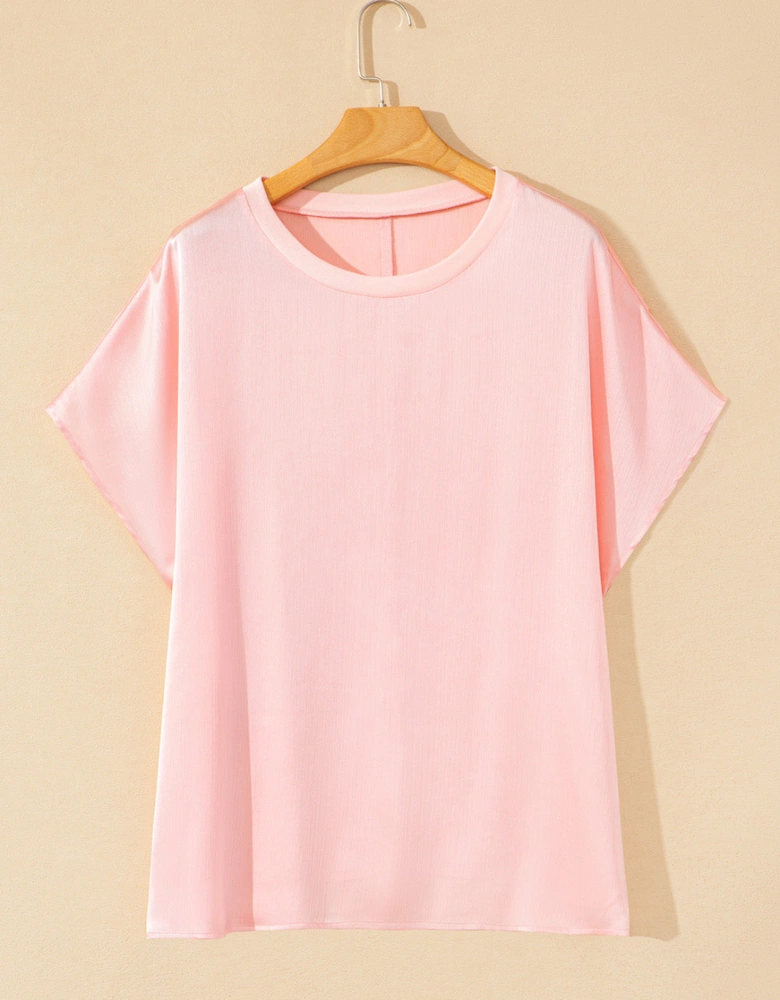 Pink Metallic Gloss Short Batwing Sleeve Plus Size Top