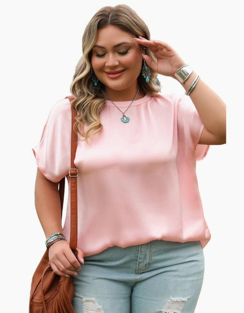 Pink Metallic Gloss Short Batwing Sleeve Plus Size Top
