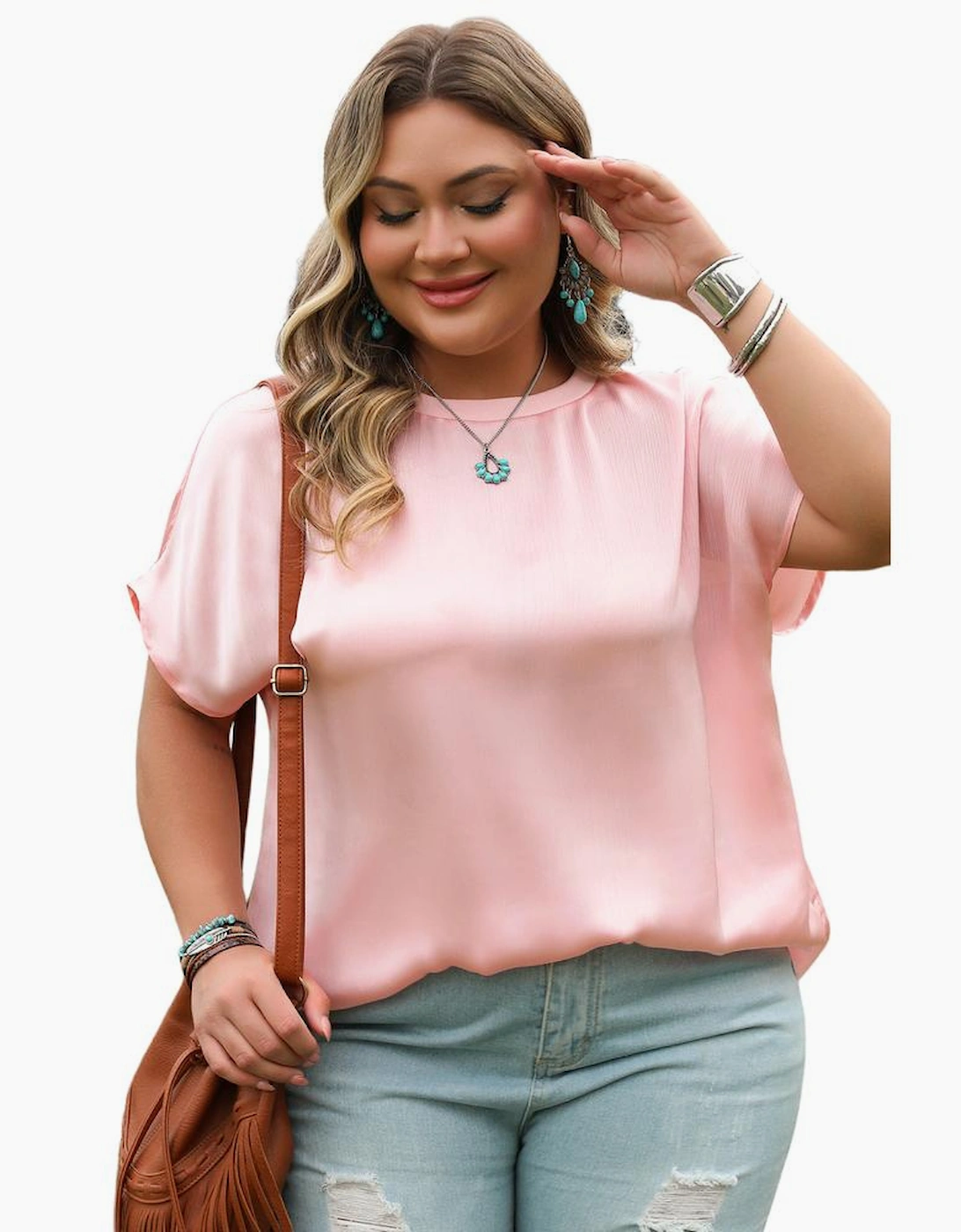 Pink Metallic Gloss Short Batwing Sleeve Plus Size Top
