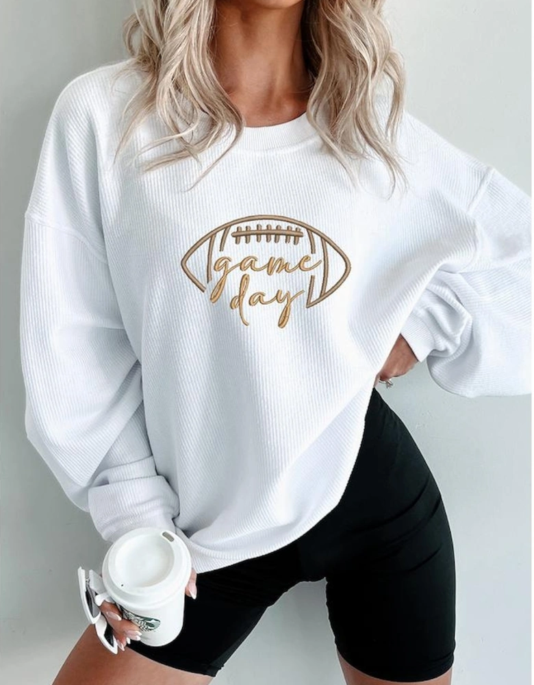 White Rugby Game Day Embroidered Corduroy Sweatshirt
