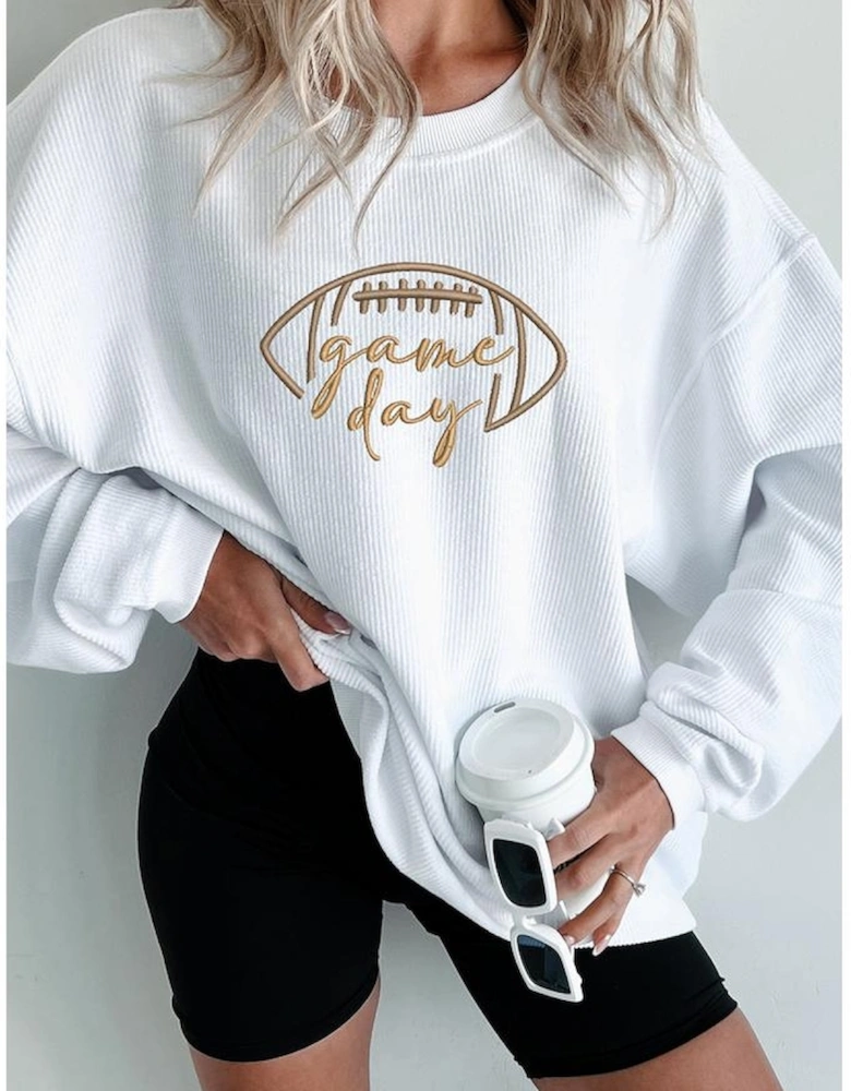 White Rugby Game Day Embroidered Corduroy Sweatshirt