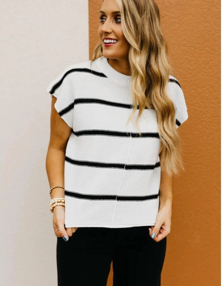 White Striped Batwing Sleeve Sweater Tee