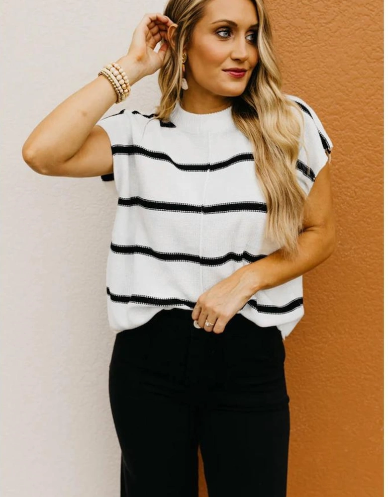 White Striped Batwing Sleeve Sweater Tee