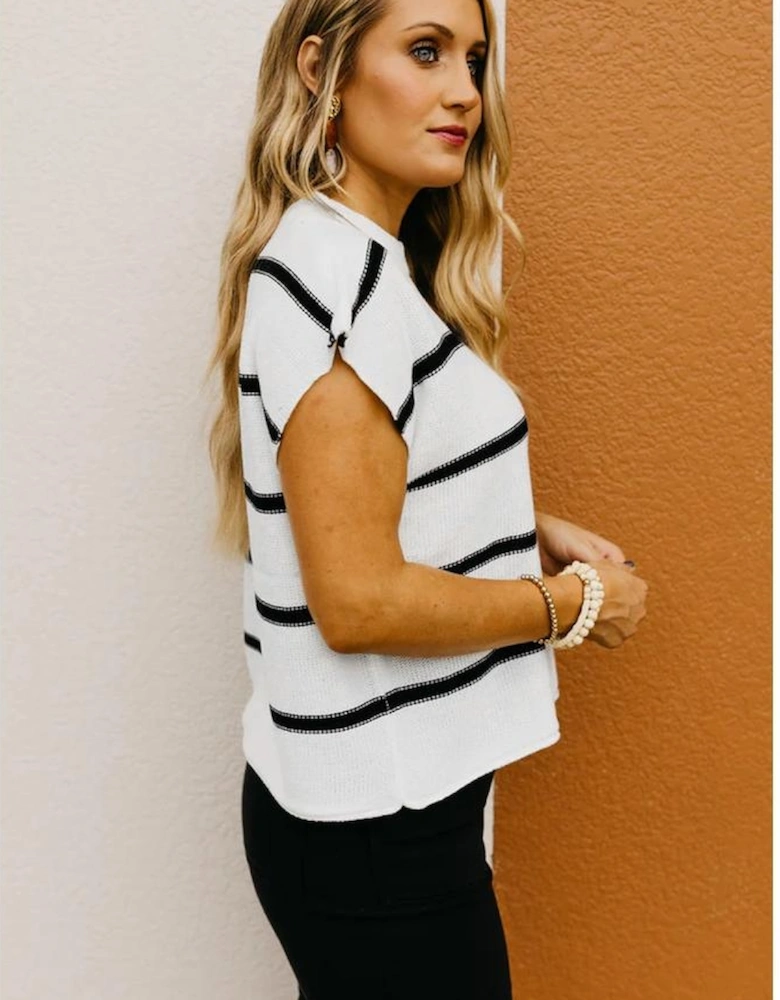 White Striped Batwing Sleeve Sweater Tee