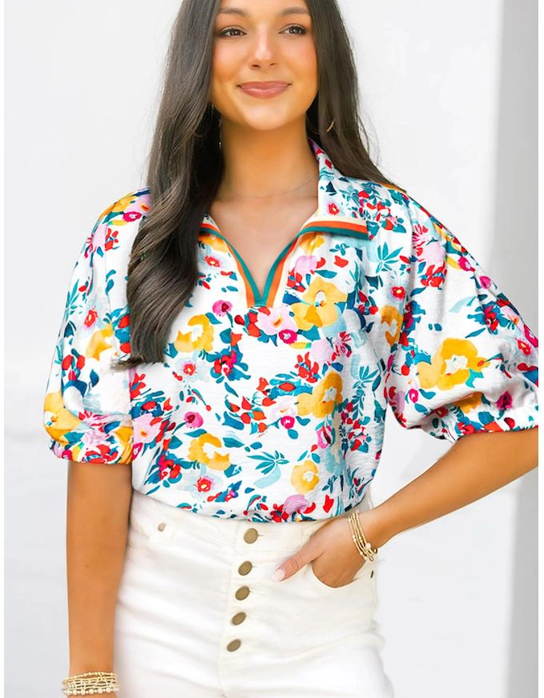 Peacock Blue Floral Print Slit V Neck Short Sleeve Blouse, 3 of 2