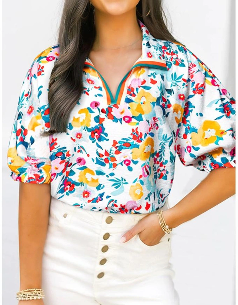 Peacock Blue Floral Print Slit V Neck Short Sleeve Blouse