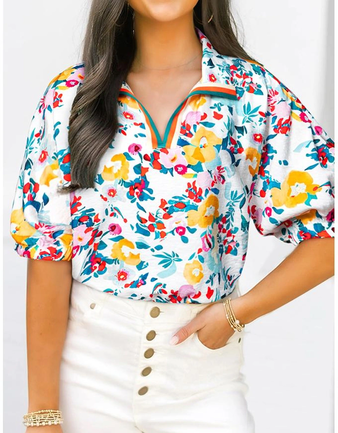 Peacock Blue Floral Print Slit V Neck Short Sleeve Blouse