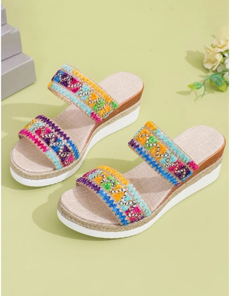 Multicolour Random Color Crochet Dual Band Wedge Slippers