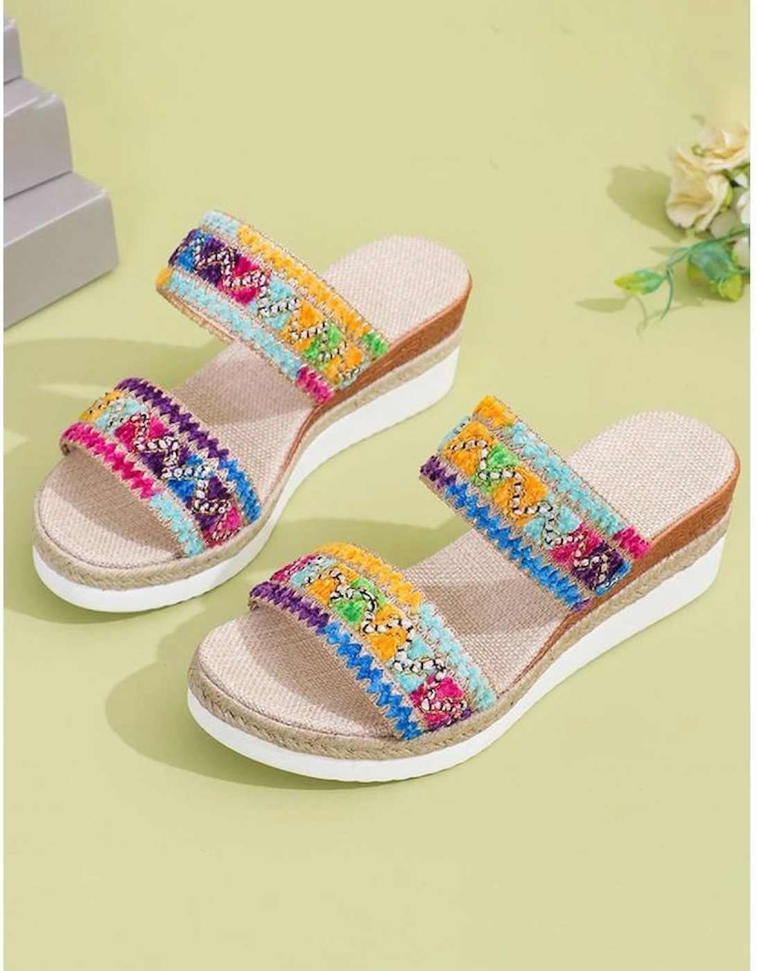 Multicolour Random Color Crochet Dual Band Wedge Slippers
