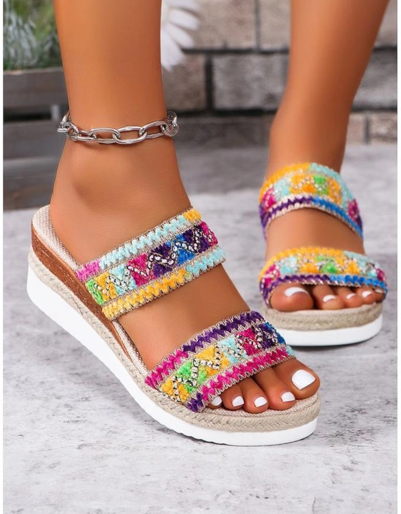 Multicolour Random Color Crochet Dual Band Wedge Slippers