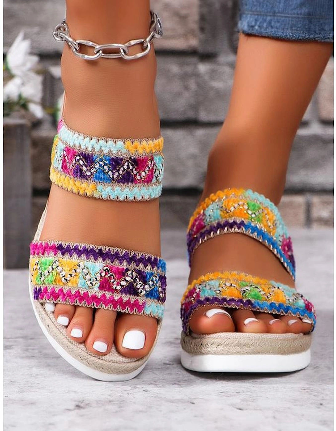 Multicolour Random Color Crochet Dual Band Wedge Slippers