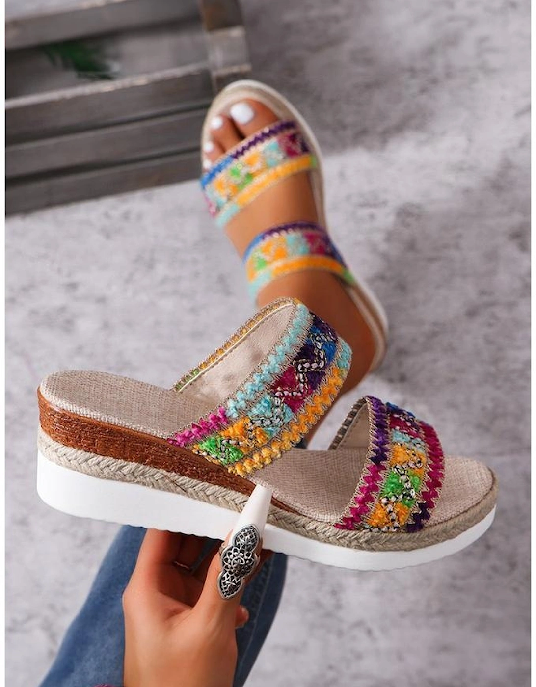 Multicolour Random Color Crochet Dual Band Wedge Slippers
