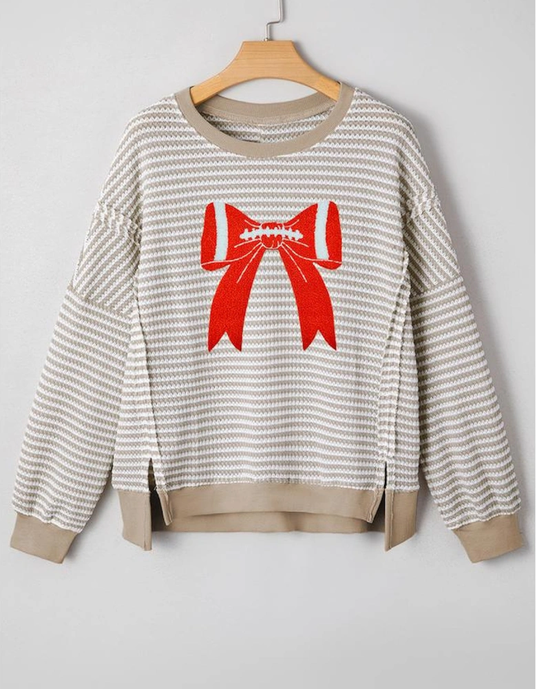 Brown Stripe Chenille Bow Patched Drop Shoulder Long Sleeve Top