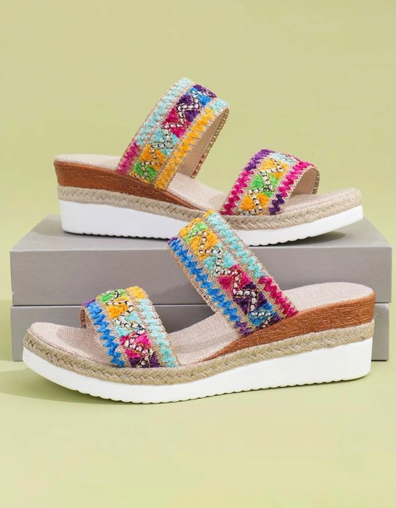 Multicolour Random Color Crochet Dual Band Wedge Slippers
