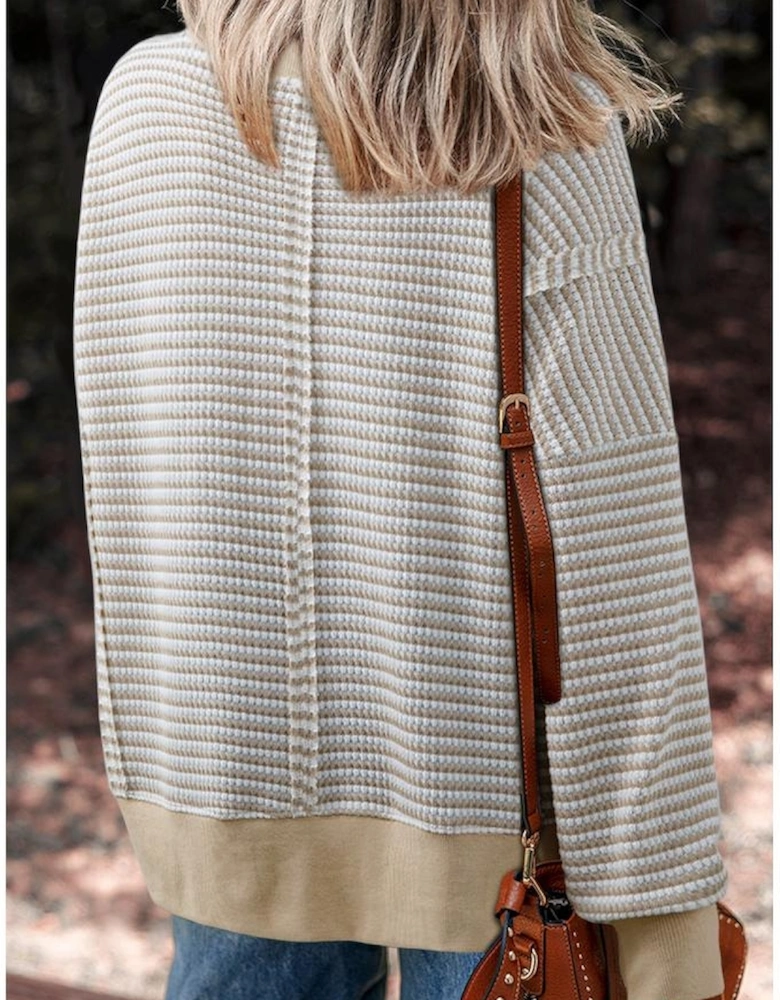 Brown Stripe Chenille Bow Patched Drop Shoulder Long Sleeve Top