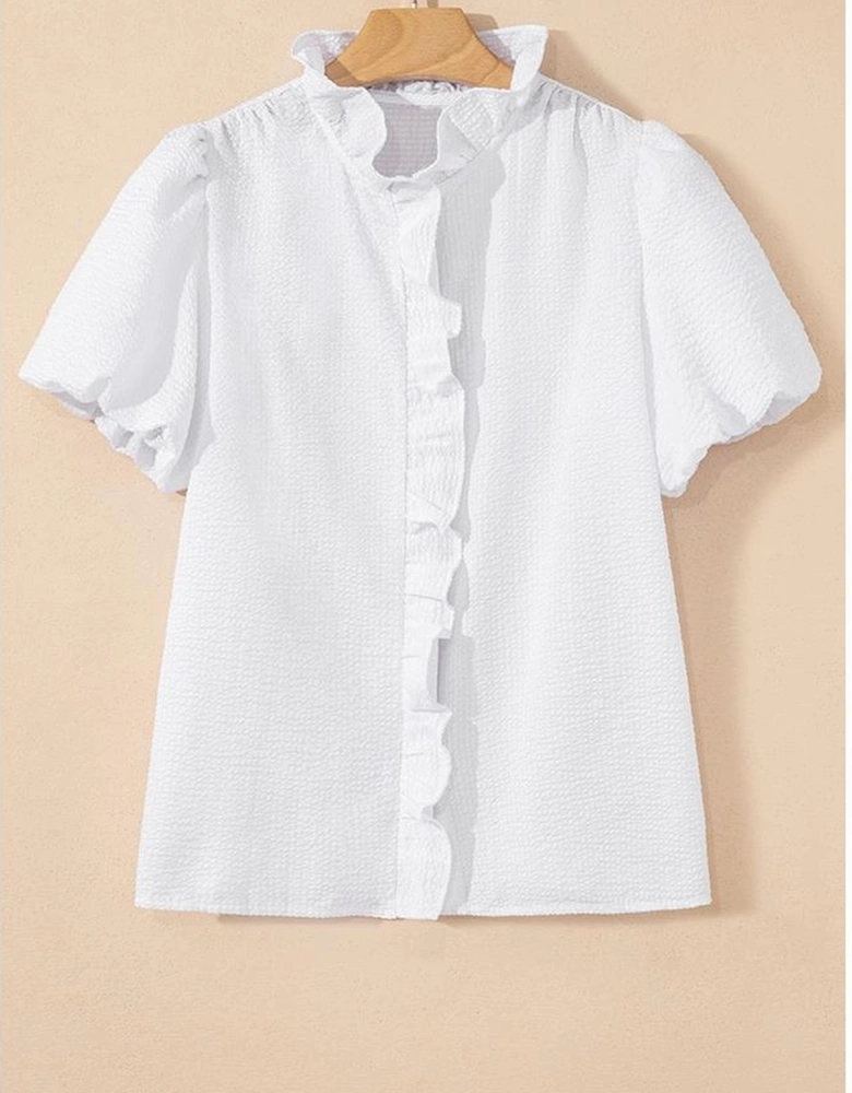 White Striped Ruffle Short Bubble Sleeve Shirt