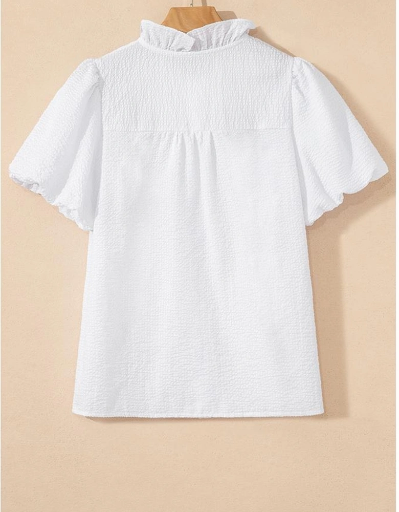 White Striped Ruffle Short Bubble Sleeve Shirt