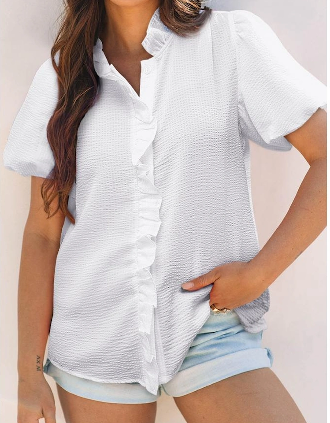 White Striped Ruffle Short Bubble Sleeve Shirt