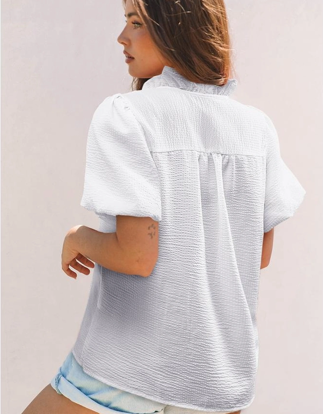 White Striped Ruffle Short Bubble Sleeve Shirt, 12 of 11