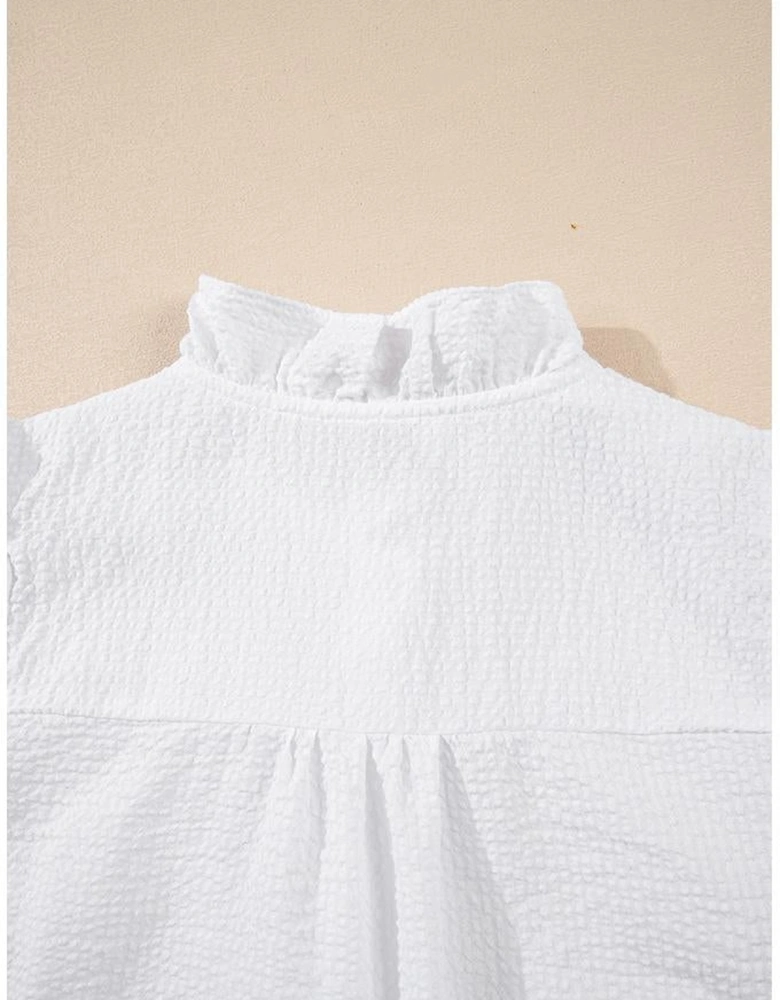 White Striped Ruffle Short Bubble Sleeve Shirt