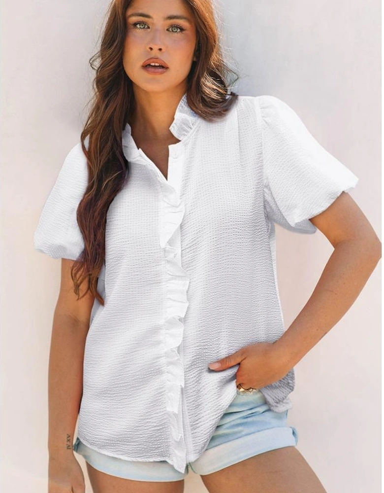White Striped Ruffle Short Bubble Sleeve Shirt