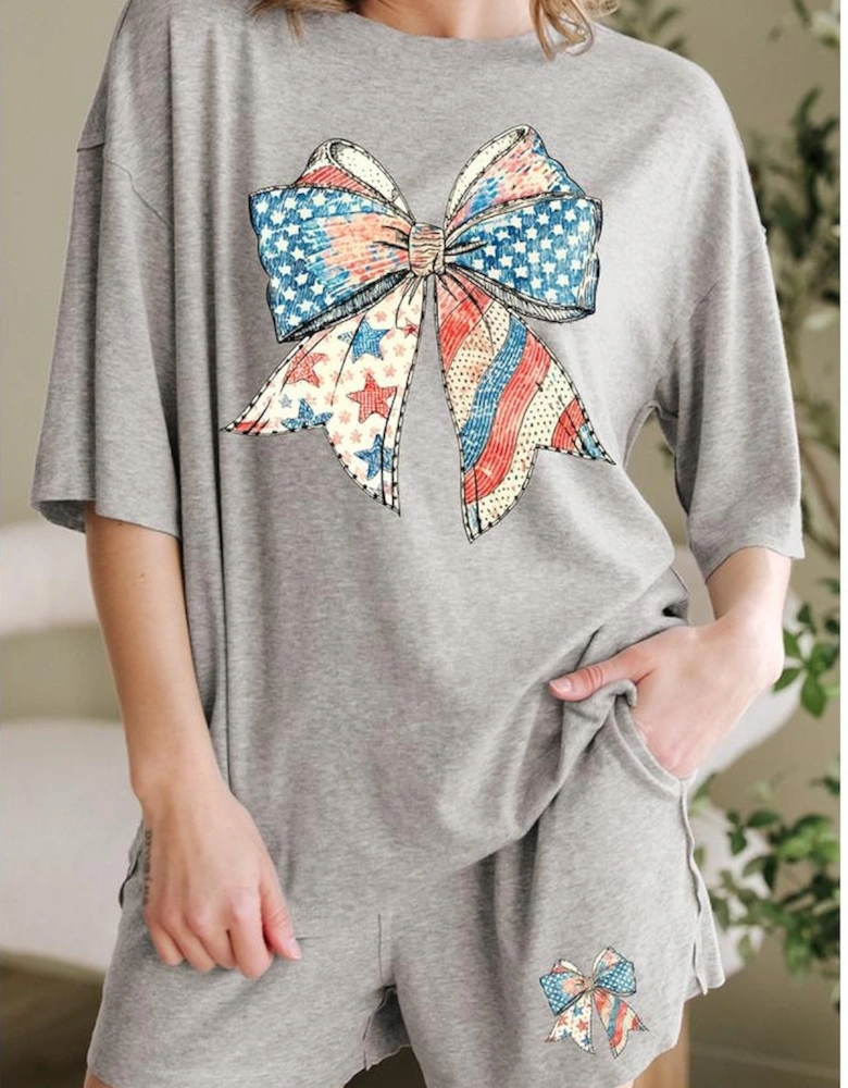 Gray USA Flag Bow Print Half Sleeve Tee and High Waist Shorts Set