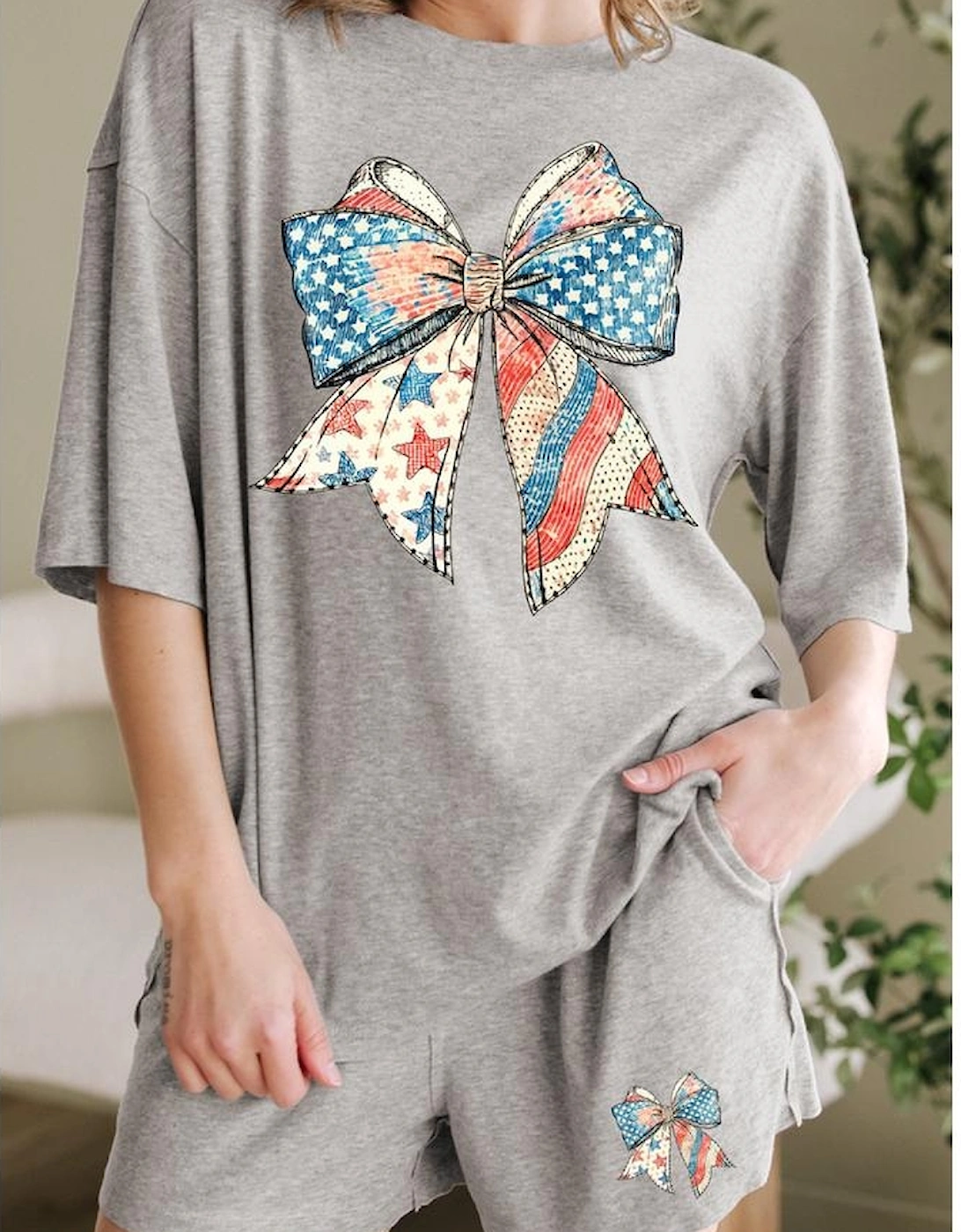 Gray USA Flag Bow Print Half Sleeve Tee and High Waist Shorts Set