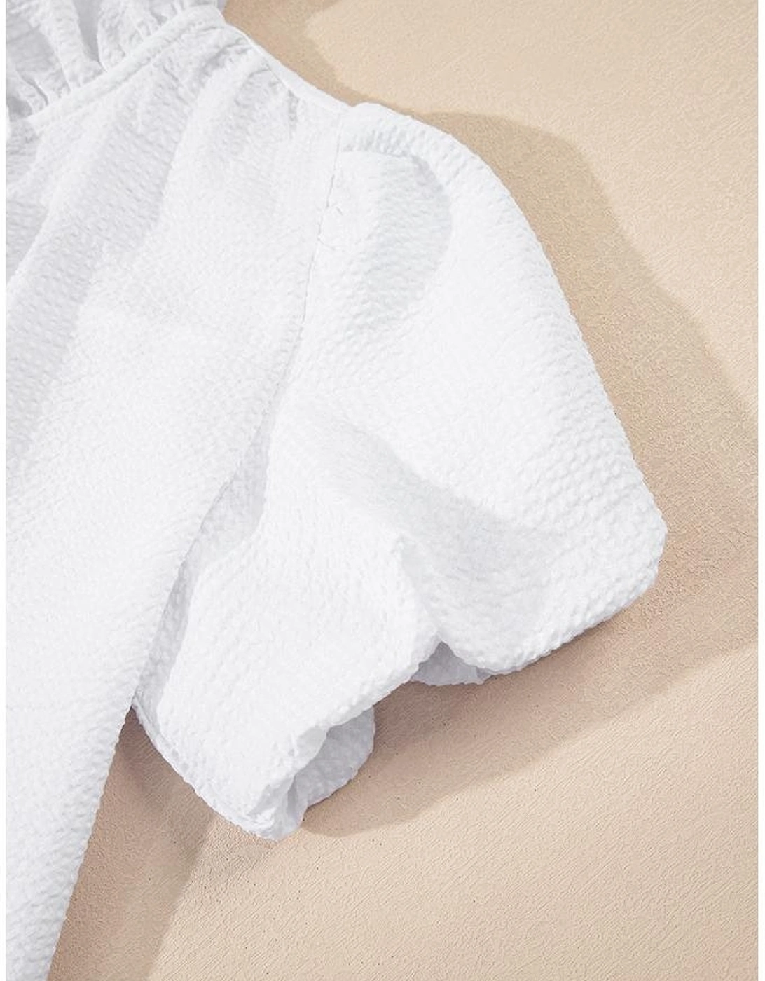White Striped Ruffle Short Bubble Sleeve Shirt