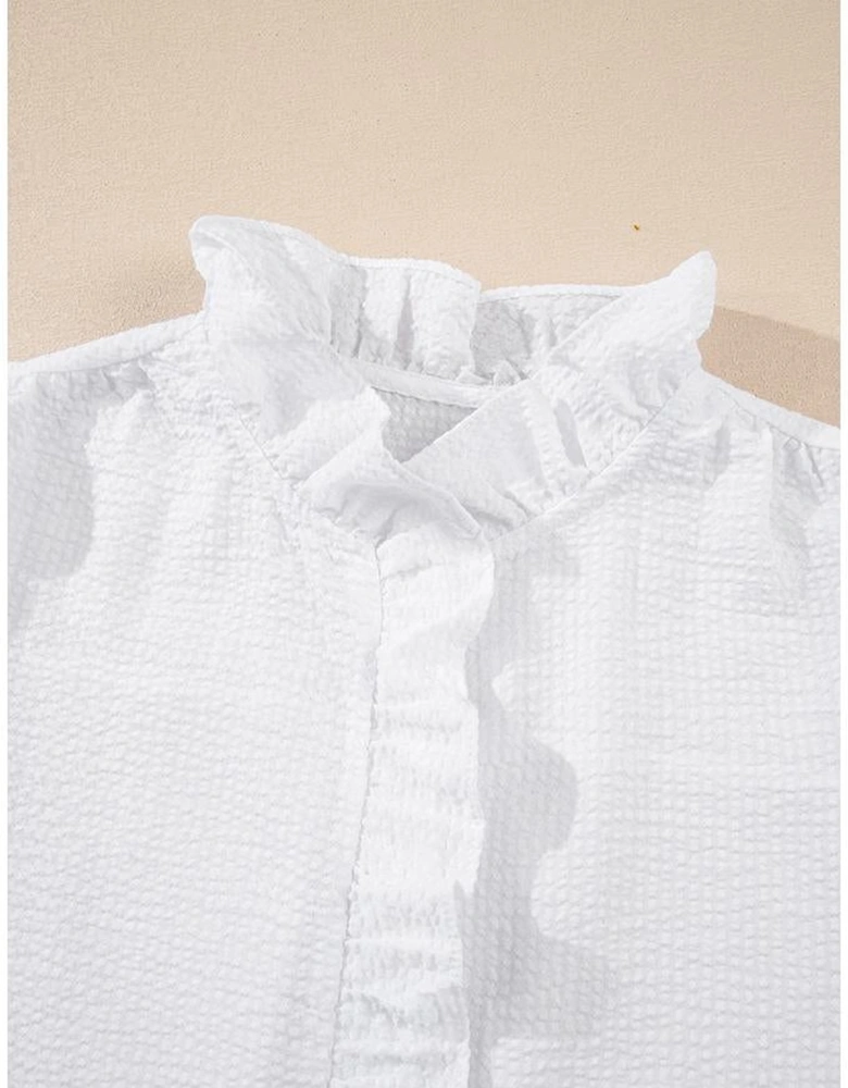 White Striped Ruffle Short Bubble Sleeve Shirt