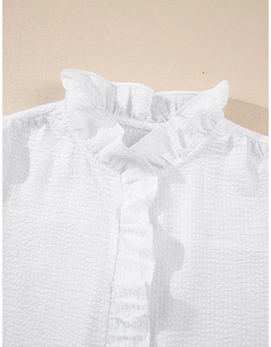 White Striped Ruffle Short Bubble Sleeve Shirt