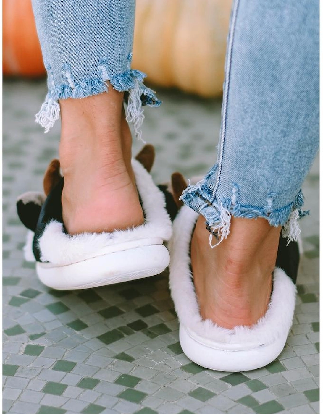 White Cartoon Animal Cow Plush Slippers