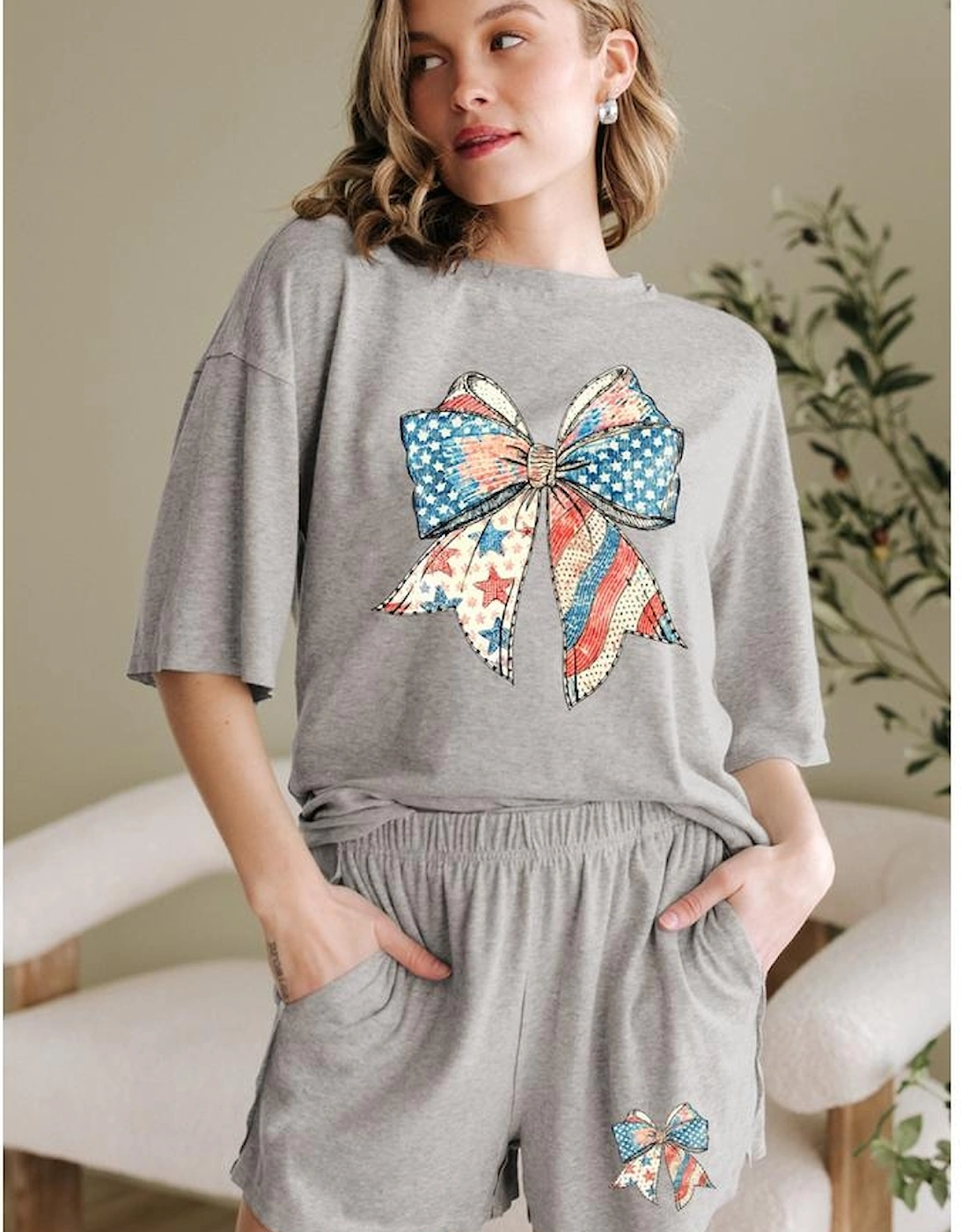 Gray USA Flag Bow Print Half Sleeve Tee and High Waist Shorts Set