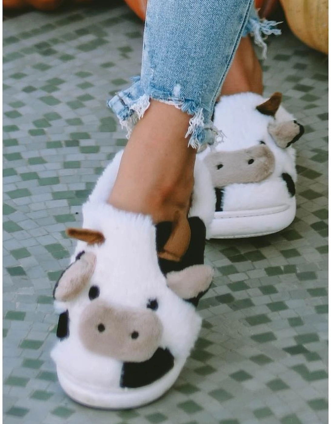 White Cartoon Animal Cow Plush Slippers