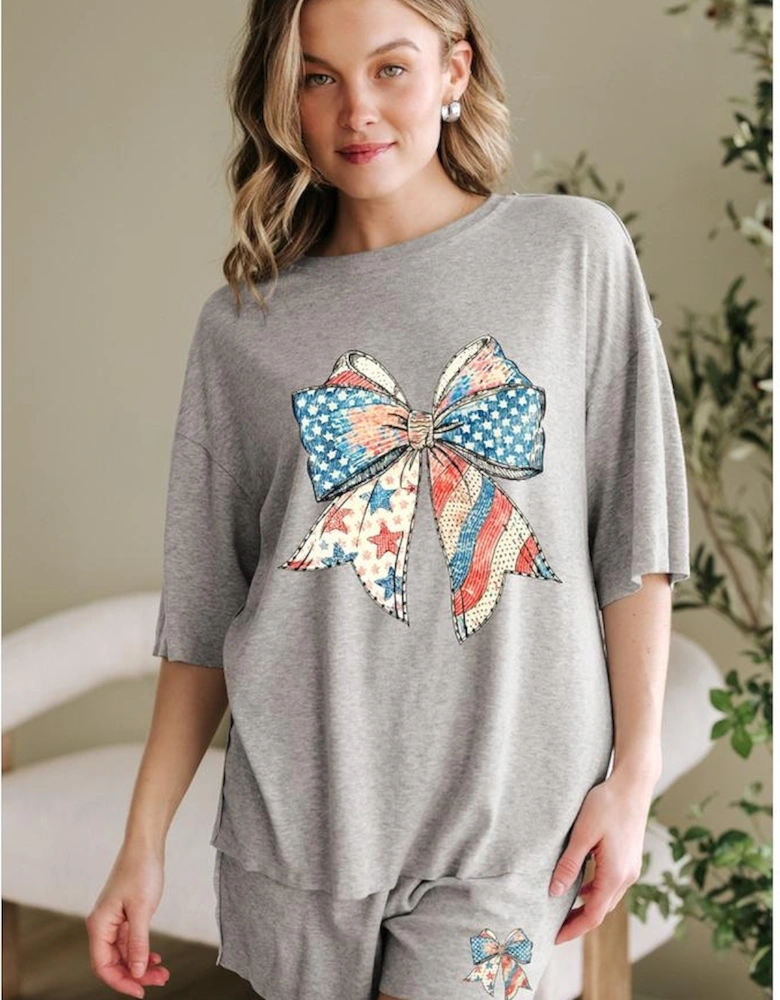 Gray USA Flag Bow Print Half Sleeve Tee and High Waist Shorts Set