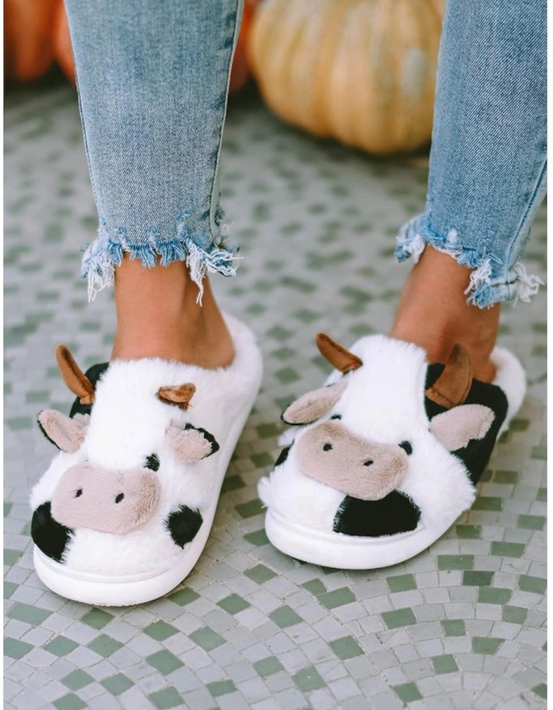 White Cartoon Animal Cow Plush Slippers