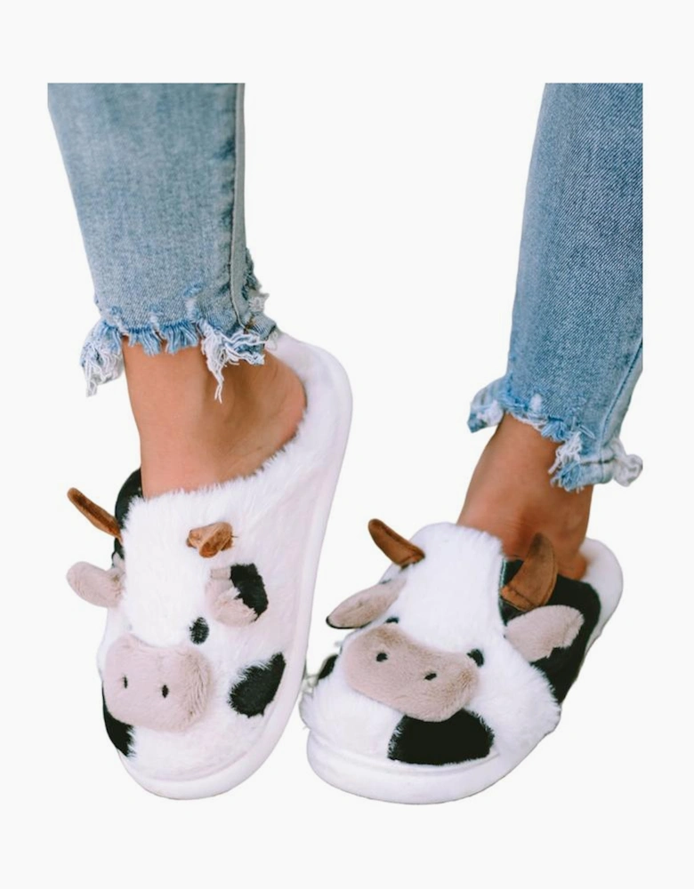 White Cartoon Animal Cow Plush Slippers